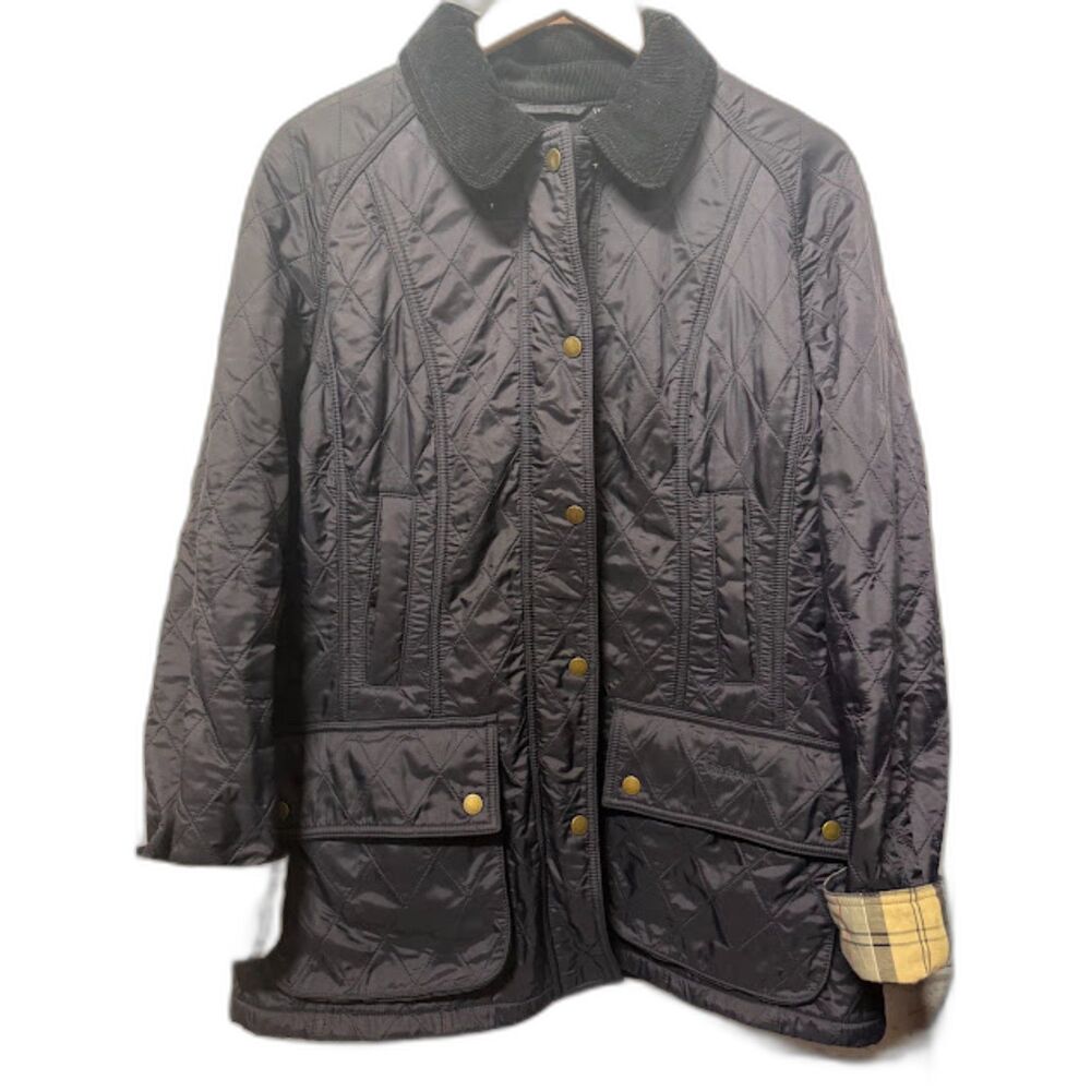 Barbour Beadnell Polarquilt Jacket Navy Sz 12 Quilted Plaid Winter Fall Classic